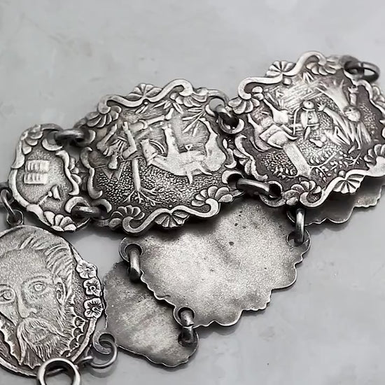 Silver Plated, Vintage 1940-1950s, Spanish Cervantes Don Quixote Story Panel Bracelet, Vintage Spanish Jewelry, Art Nouveau style Jewellery