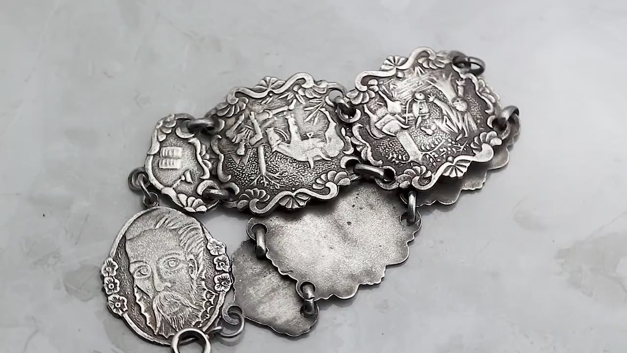 Silver Plated, Vintage 1940-1950s, Spanish Cervantes Don Quixote Story Panel Bracelet, Vintage Spanish Jewelry, Art Nouveau style Jewellery