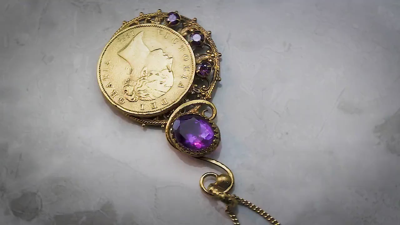 Antique Queen Victoria Young Head 1855 Penny Coin Pendant Necklace, Natural Amethyst and Cubic Zirconia, 18Ct Gold Plated, Unique Jewellery