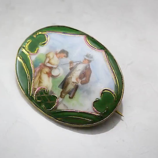 Antique Victorian Picture Porcelain Brooch Pin, Hand-Finished, Gold Plated Brass, Collectable Item, Unique Vintage Antique Jewellery Jewelry