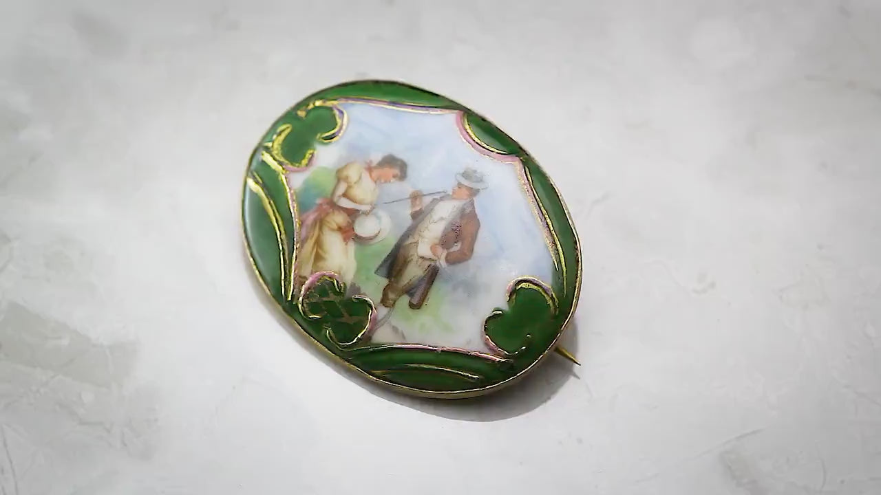 Antique Victorian Picture Porcelain Brooch Pin, Hand-Finished, Gold Plated Brass, Collectable Item, Unique Vintage Antique Jewellery Jewelry