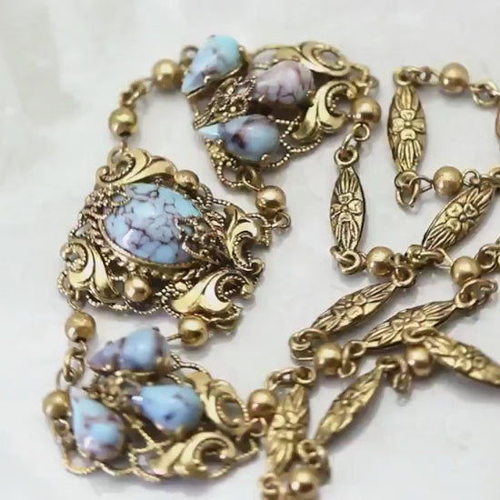 Art Deco 1920-1930's, Vintage Jewellery Richly Gilded, Gold Tone, Czech Bohemian Glass Turquoise Filigree Necklace, Gift for Women