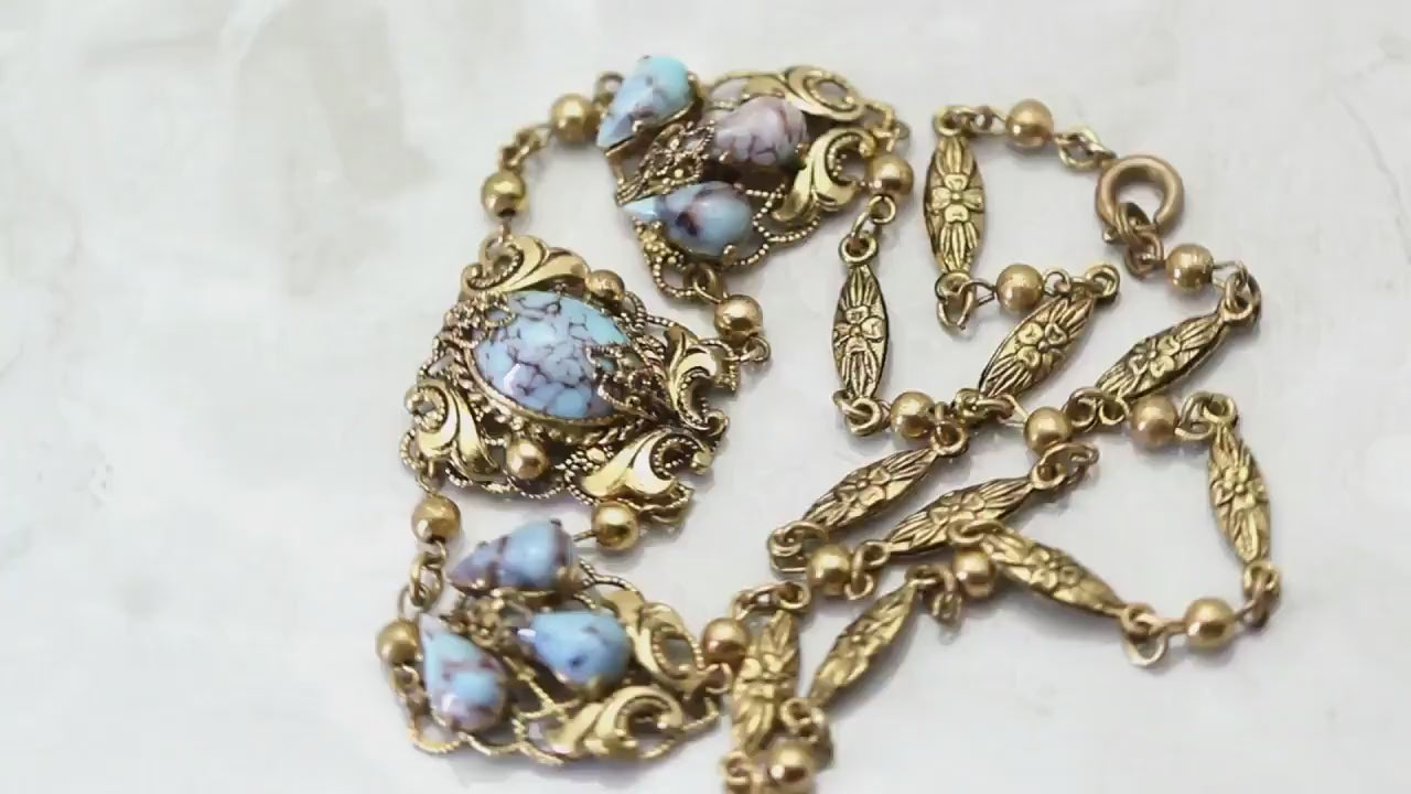 Art Deco 1920-1930's, Vintage Jewellery Richly Gilded, Gold Tone, Czech Bohemian Glass Turquoise Filigree Necklace, Gift for Women