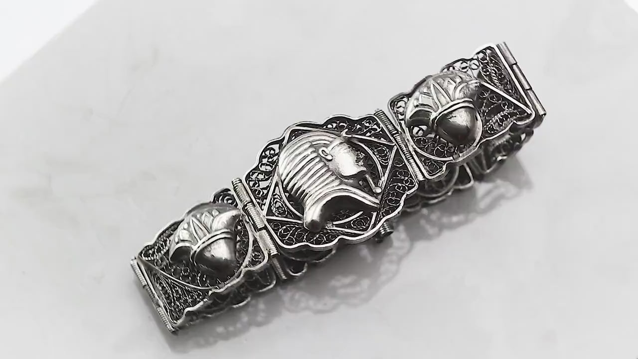 RARE Original Egyptian, Vintage 1930s Panel Filigree Bracelet, Silver .800 Hallmark Alexandria, Unique Gift Antique Jewelry Jewellery