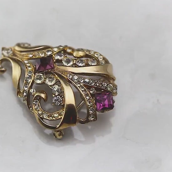 Vintage 1950s Art Deco Style Brooch Pin, Purple and Clear Glass Rhinestones, Gold Plated Pot Metal, Unique Gift Vintage Jewelry Jewellery