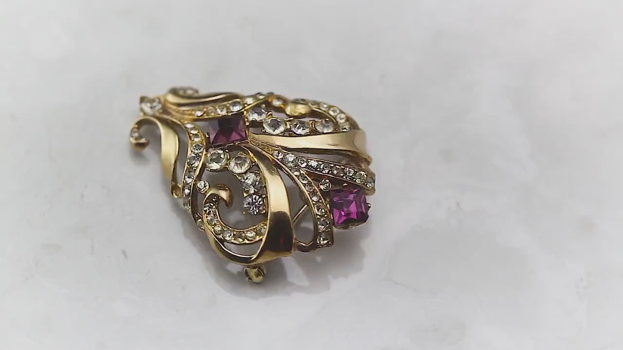 Vintage 1950s Art Deco Style Brooch Pin, Purple and Clear Glass Rhinestones, Gold Plated Pot Metal, Unique Gift Vintage Jewelry Jewellery