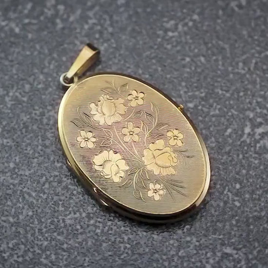 Vintage 1970s Large Rolled Gold Engraved Ornate Floral Oval Shape 2 Photo Locket Pendant