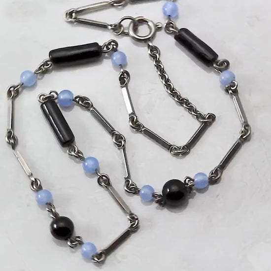 Vintage Art Deco Czech 1920-1930s Necklace, faux Blue & Black Onyx, Bohemian Glass Beads, Silver Plated, Unique Jewelry Jewellery