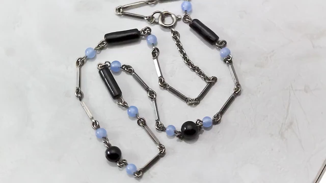 Vintage Art Deco Czech 1920-1930s Necklace, faux Blue & Black Onyx, Bohemian Glass Beads, Silver Plated, Unique Jewelry Jewellery