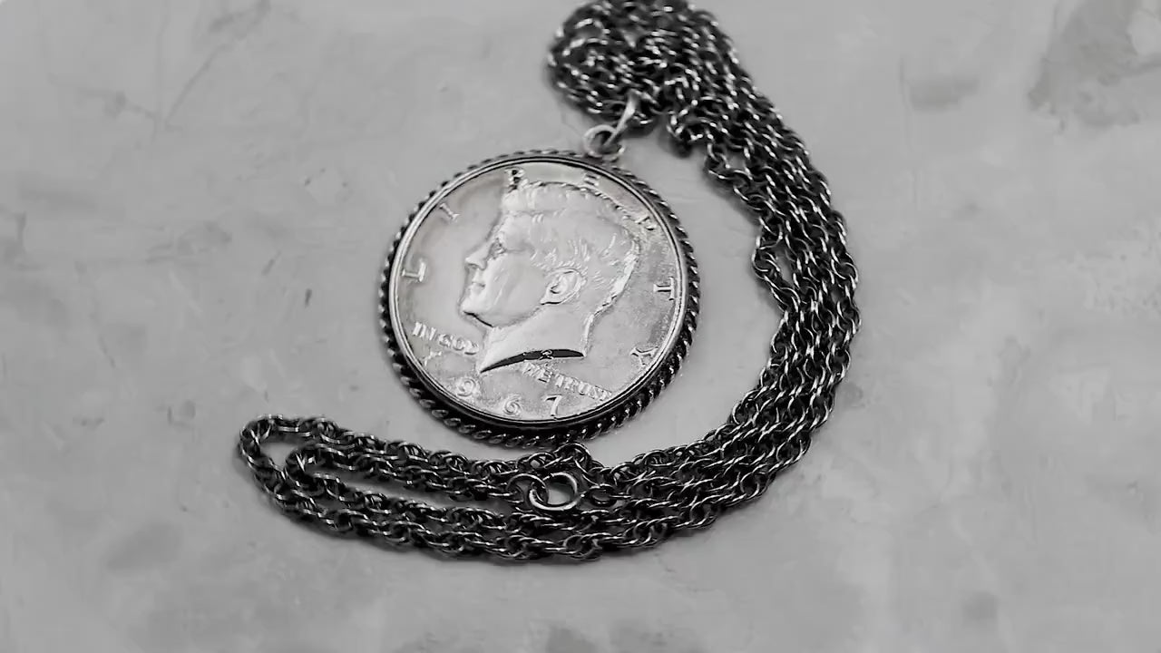 Vintage Silver 1967 Kennedy Half Dollar Pendant Necklace, Sterlig Silver Chain, Unique Gift for Him, Jewelry, Jewellery