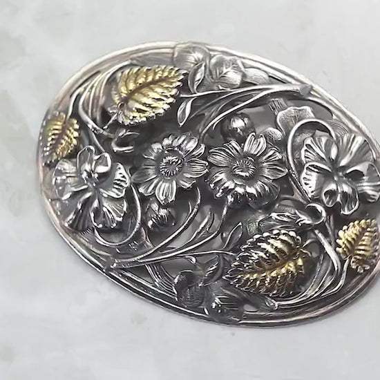 Antique Gold and Silver Plated Ornate Edwardian Era Floral & Leaf Design Sash/Brooch Pin, Unique Jewellery Jewelry