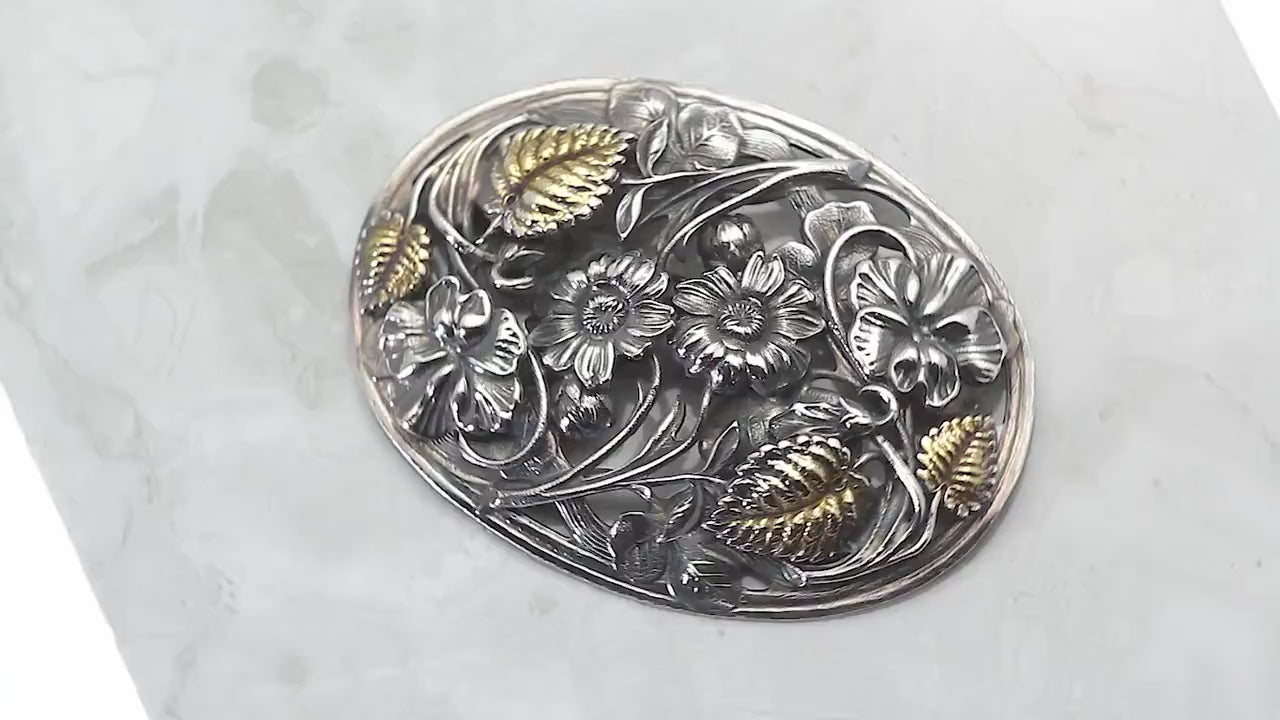 Antique Gold and Silver Plated Ornate Edwardian Era Floral & Leaf Design Sash/Brooch Pin, Unique Jewellery Jewelry