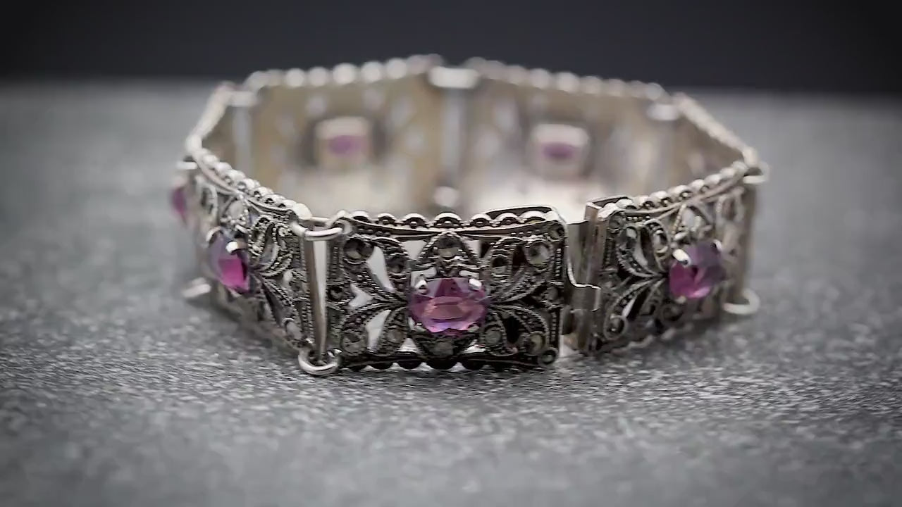 Antique 1920s Art Deco Filigree Panel Bracelet, Amethyst Glass Purple Rhinestones & Marcasite, Silver Plated Brass, Unique Gift Jewelry