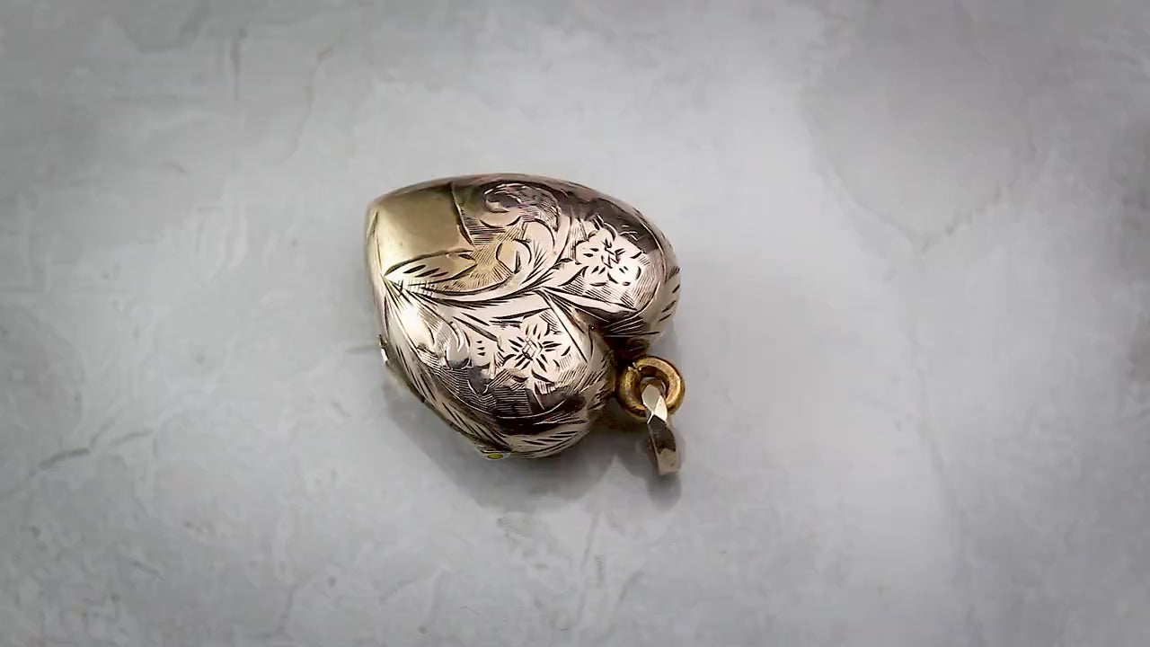 Antique Edwardian Era Photo Fob Heart Locket Pendant, 9Ct Gold, Sepia Photo, Floral Engraved, Antique Patina, Unique Jewelry Jewellery