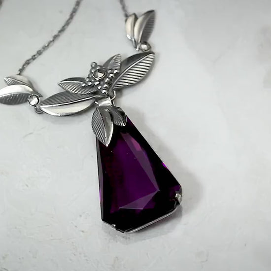 Vintage 1930s Art Deco Czech, Floral Necklace, Leafs, Purple Glass Amethyst, Marcasite, Silver Plated, Unique Gift Jewellery for Women
