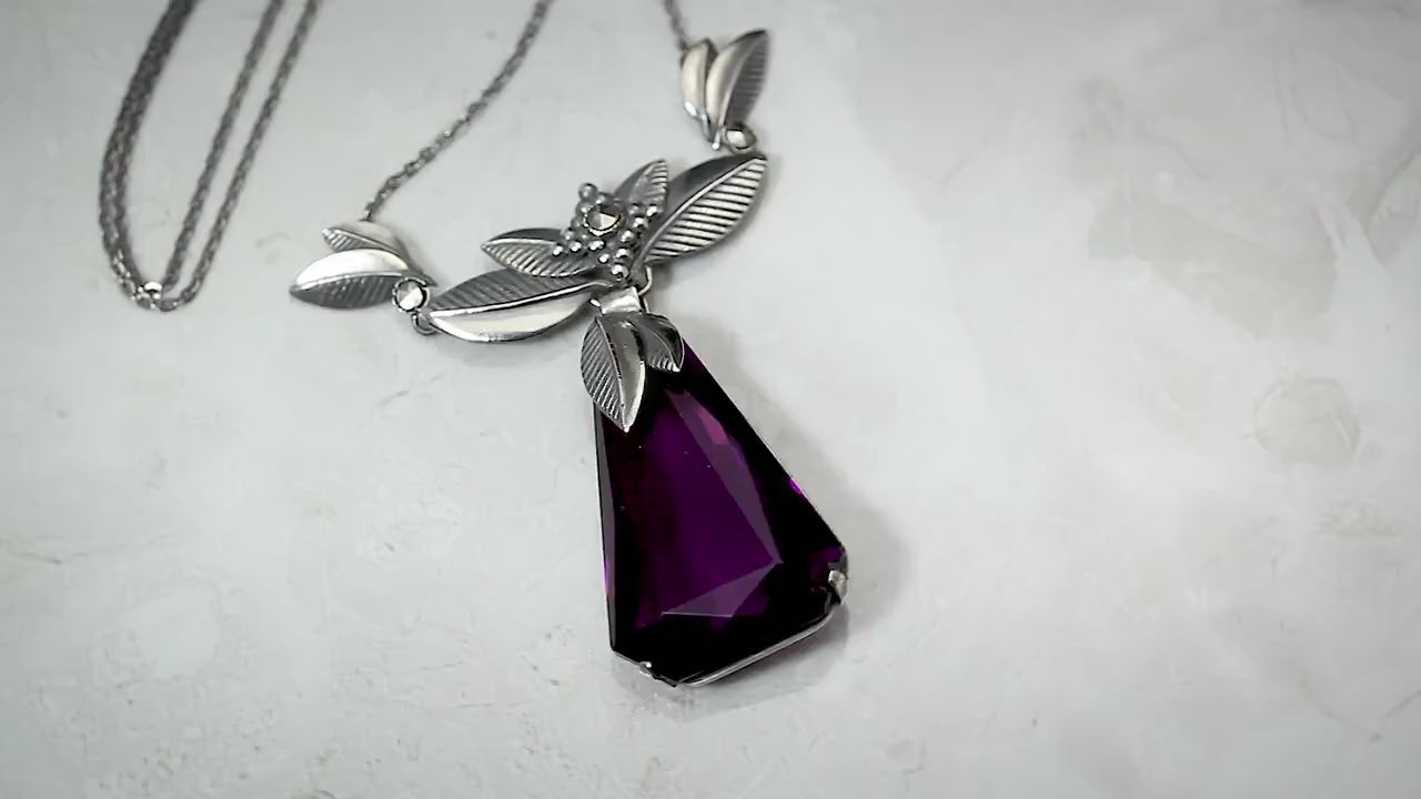 Vintage 1930s Art Deco Czech, Floral Necklace, Leafs, Purple Glass Amethyst, Marcasite, Silver Plated, Unique Gift Jewellery for Women