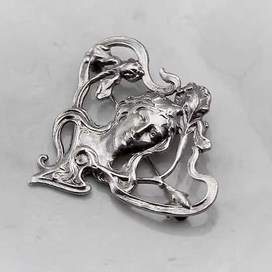 Vintage 1980s Silver Plated Art Nouveau Style Brooch, Aesthetic Lady Head, Romantic Pin, Unique Gift Vintage Jewelry Jewellery
