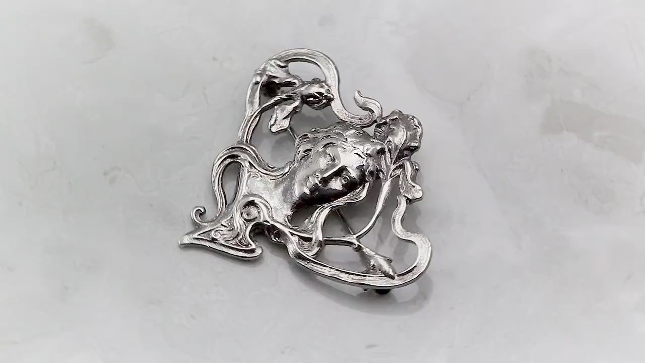 Vintage 1980s Silver Plated Art Nouveau Style Brooch, Aesthetic Lady Head, Romantic Pin, Unique Gift Vintage Jewelry Jewellery