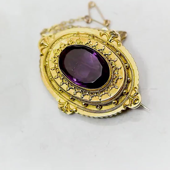 Antique Victorian 1860-1880 Etruscan Revival Locket Gilded Ornate Brooch, Glass Amethyst, Safety Chain, Unique Gift Jewelry Jewellery