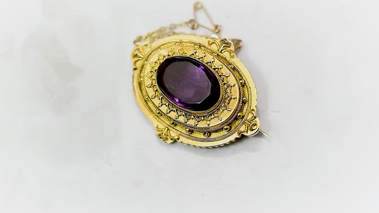 Antique Victorian 1860-1880 Etruscan Revival Locket Gilded Ornate Brooch, Glass Amethyst, Safety Chain, Unique Gift Jewelry Jewellery