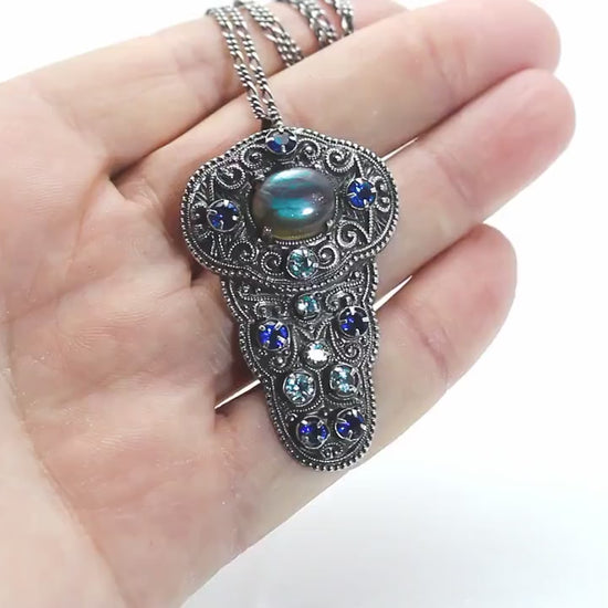 Art Deco 1915-1930's Unique Necklace Pendant, Vintage Repurposed One, Blue Labradorite, Cubic Zirconia, Antique Silver Plated, Unique Gift