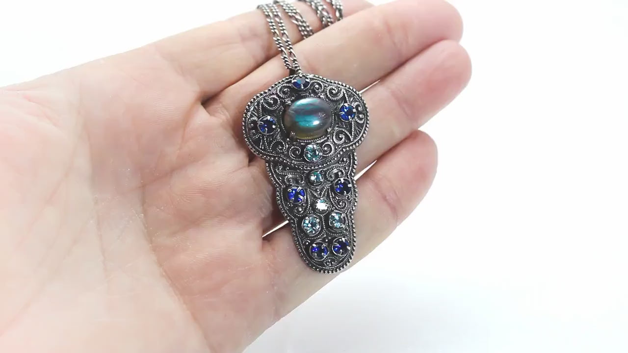 Art Deco 1915-1930's Unique Necklace Pendant, Vintage Repurposed One, Blue Labradorite, Cubic Zirconia, Antique Silver Plated, Unique Gift