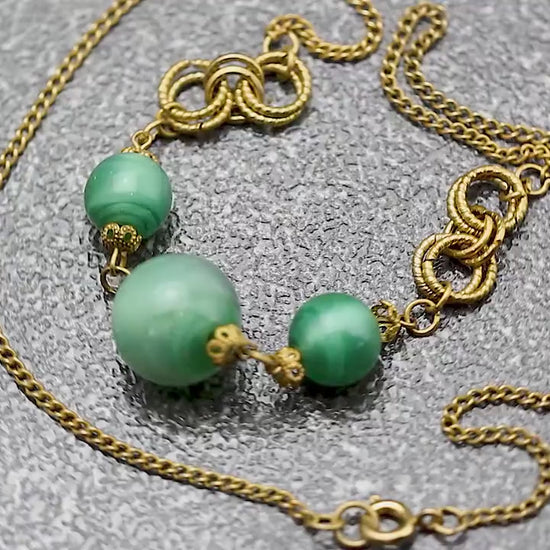 Vintage Art Deco 1930s, Gold Plated Glass Bead Necklace, Satin Green Bohemian Glass, Unique Jewelry, Jewellery, Gift for Woman