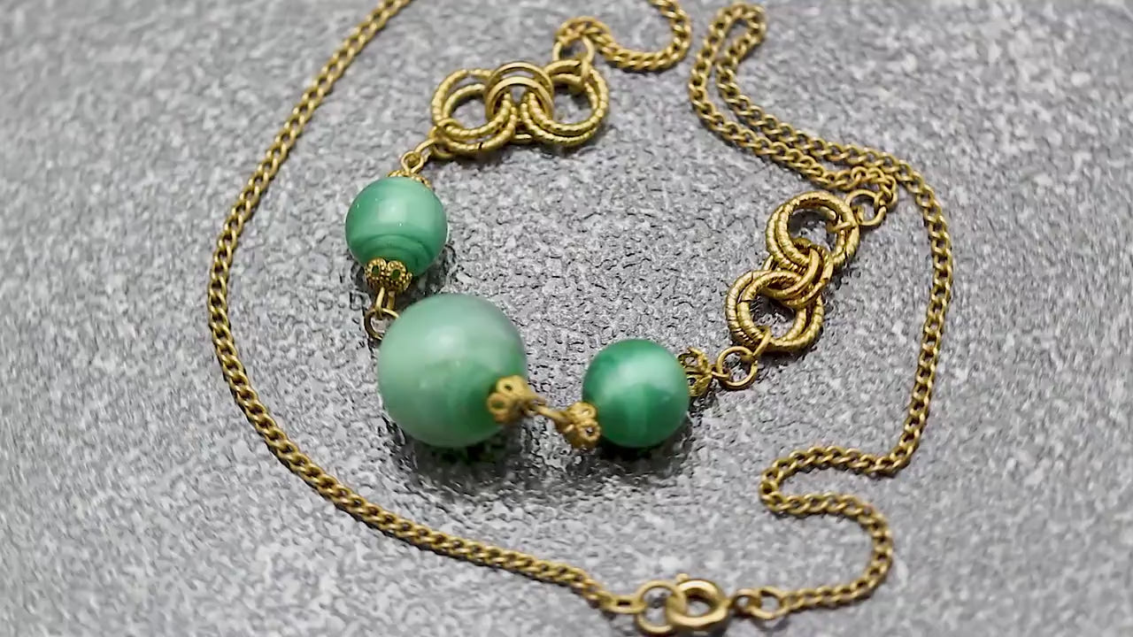 Vintage Art Deco 1930s, Gold Plated Glass Bead Necklace, Satin Green Bohemian Glass, Unique Jewelry, Jewellery, Gift for Woman