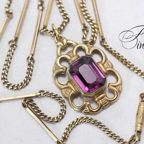 Antique Victorian Faceted Purple Amethyst Glass Pendant Necklace, Gilded Necklace, Gold Plated Bar Chain, Ornate Pendant, Vintage Jewelry