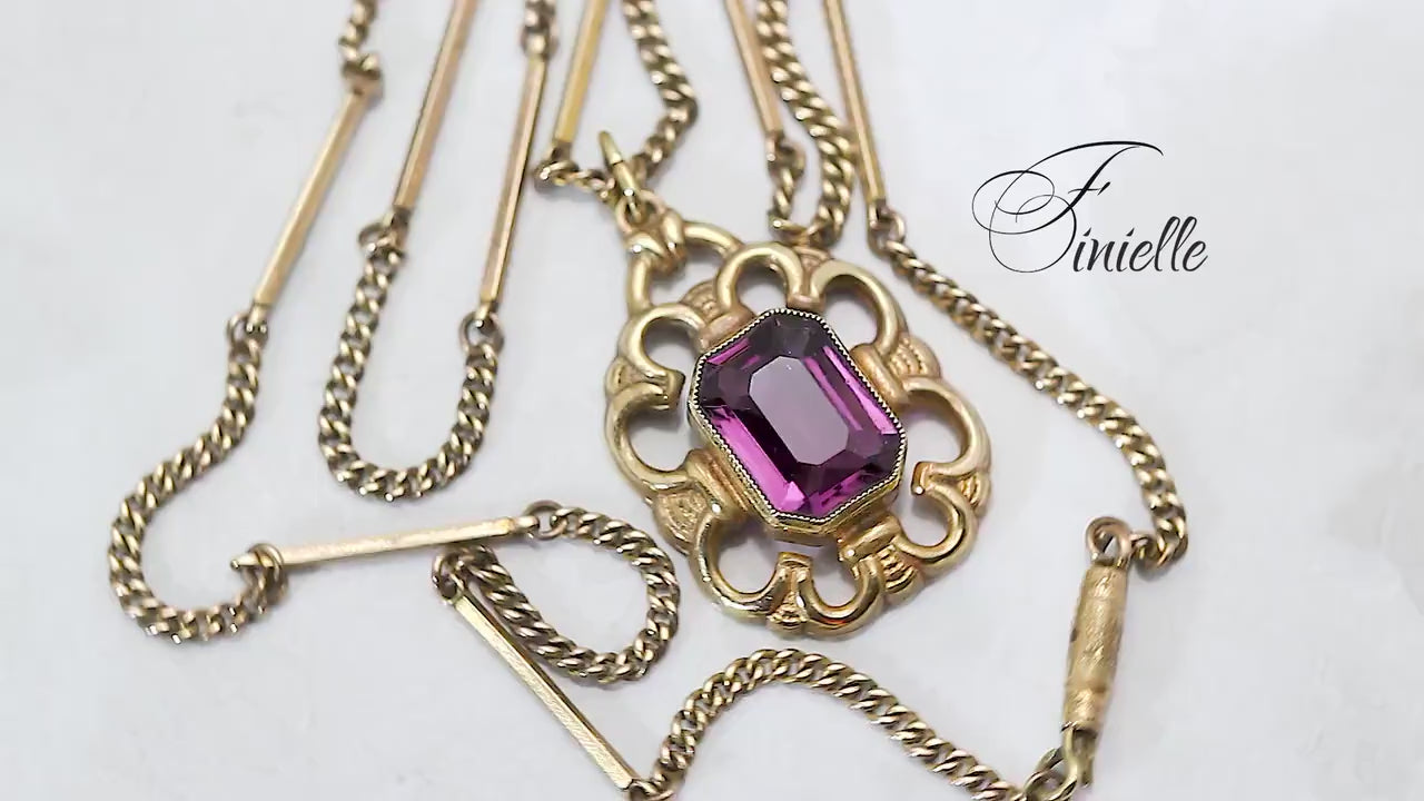 Antique Victorian Faceted Purple Amethyst Glass Pendant Necklace, Gilded Necklace, Gold Plated Bar Chain, Ornate Pendant, Vintage Jewelry