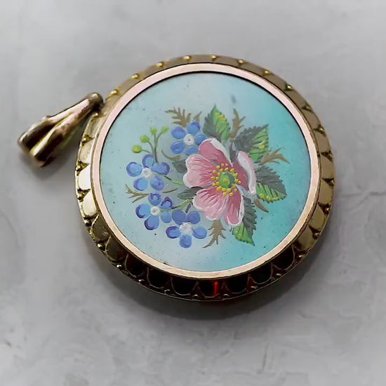 Antique Edwardian c1910 Rolled Rose Gold Micro Hand Painted Front Floral Locket Pendant, Stamped Rolled Gold, Unique Jewelry Jewellery Gift