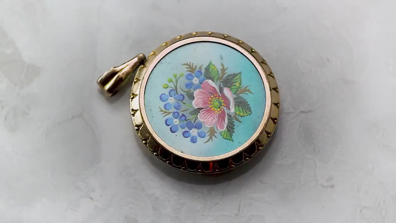 Antique Edwardian c1910 Rolled Rose Gold Micro Hand Painted Front Floral Locket Pendant, Stamped Rolled Gold, Unique Jewelry Jewellery Gift