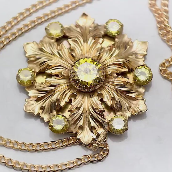 Vintage Czech 1915-1935 Art Deco Floral Necklace, Yellow Cubic Zirconia, 24K Antique Gold Plated Pendant and Chain, Unique Gift for Women