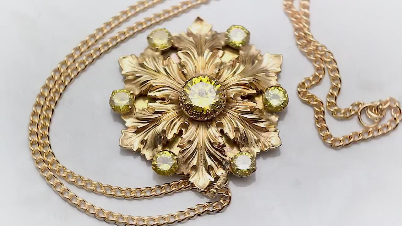 Vintage Czech 1915-1935 Art Deco Floral Necklace, Yellow Cubic Zirconia, 24K Antique Gold Plated Pendant and Chain, Unique Gift for Women