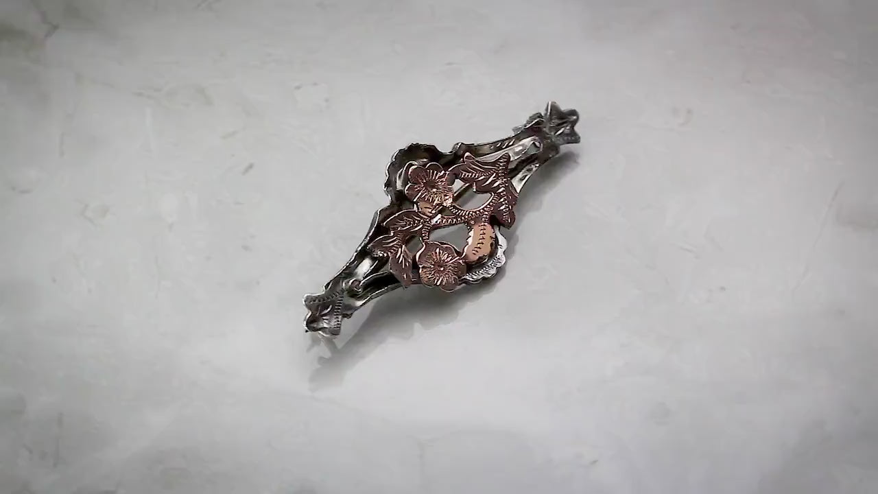 Antique Victorian 1870-1900 Sterling Silver and Rose Gold, Floral Engraved Brooch, Stamped STERLING, Antique Vintage Gift Jewelry Jewellery