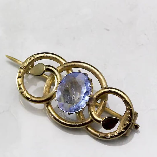 Antique Victorian c1850-1900 Gold-plated Eternal Love Celtic Style Love Knot Brooch Pin, Blue Topaz Glass, Unique Gift Jewellery
