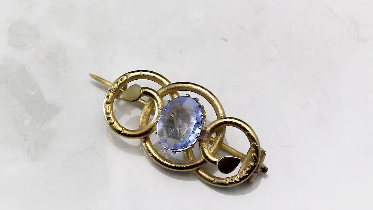 Antique Victorian c1850-1900 Gold-plated Eternal Love Celtic Style Love Knot Brooch Pin, Blue Topaz Glass, Unique Gift Jewellery