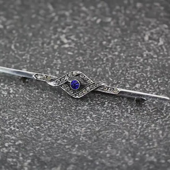 Antique 1910s Edwardian 935 Sterling Silver Bar Brooch, Sapphire Blue & Clear Glass Rhinestones, Unique Gift, Antique Jewelry Jewellery