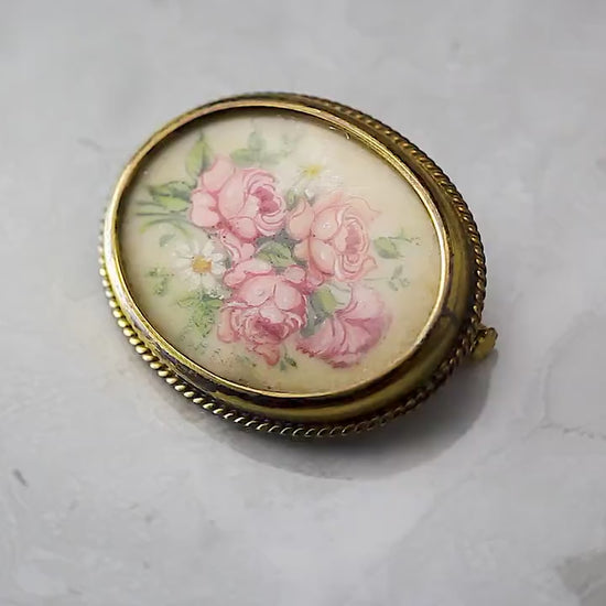 Vintage 1950s Handpainted Flower Bouquet Floral Rose Brooch Pin, Gold Filled, Exquisite Jewelry Jewellery, Unique Gift