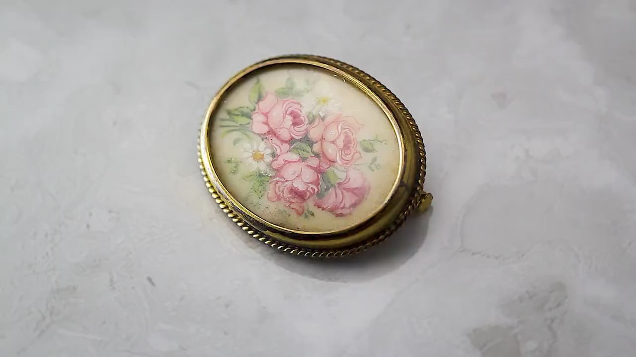 Vintage 1950s Handpainted Flower Bouquet Floral Rose Brooch Pin, Gold Filled, Exquisite Jewelry Jewellery, Unique Gift