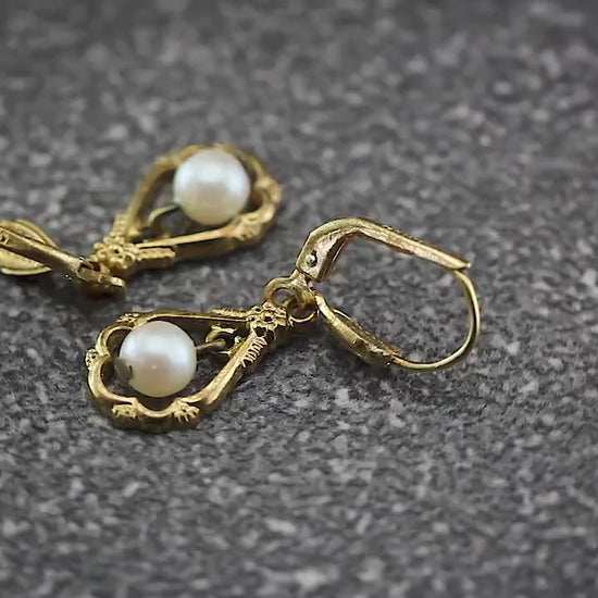 Vintage 1930s Art Deco Germany Ges Gesch Earrings, Gold Tone, Faux Pearls, Gift for Women, Unique Vintage Jewellery Jewelry, RARE