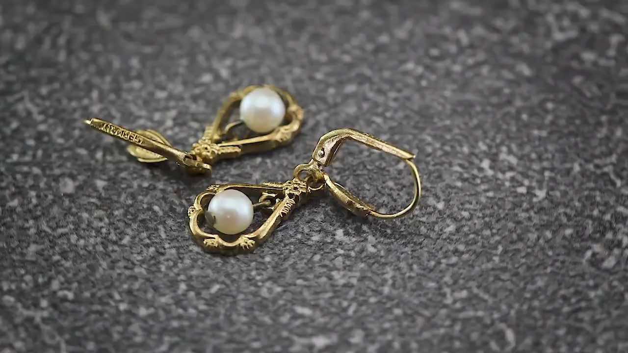 Vintage 1930s Art Deco Germany Ges Gesch Earrings, Gold Tone, Faux Pearls, Gift for Women, Unique Vintage Jewellery Jewelry, RARE