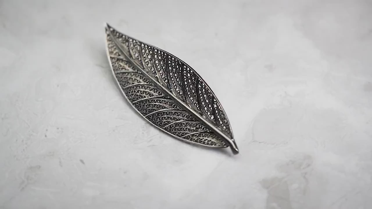 Vintage 1970s Filigree Large Elegant Leaf Brooch Pin, Silver .800, Vintage Exquisite Jewelry Jewellery Unique Gift