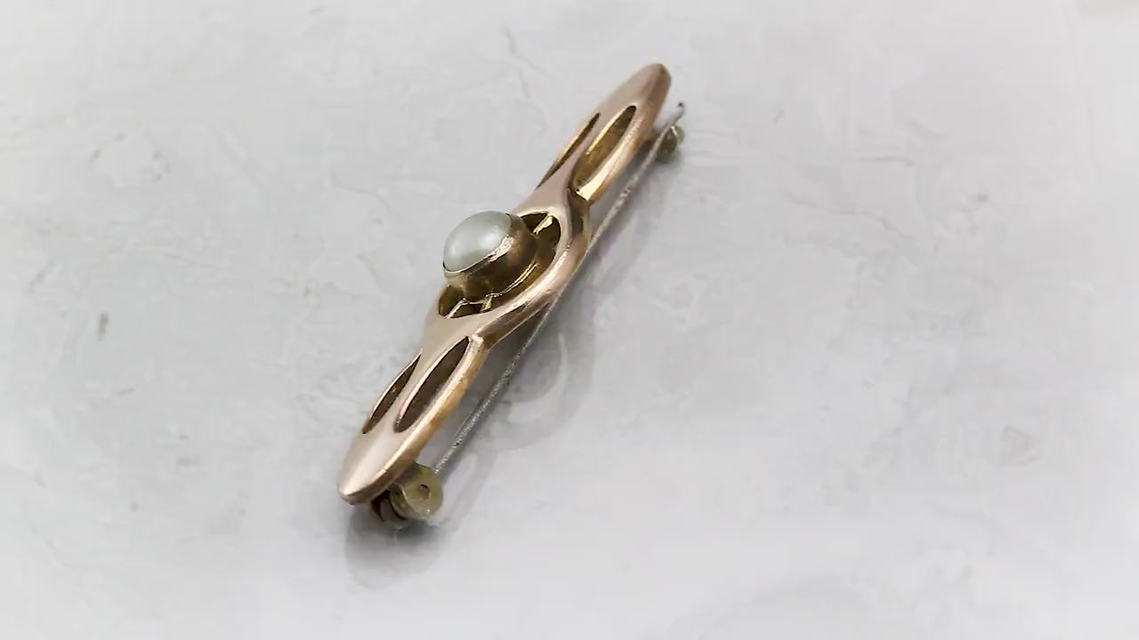 Antique Art Nouveau 1890-1900s Rolled Rose Gold Brooch Pin with Paste Pearl, Stamped CH, Gold-tone Jewellery Jewelry, Gift for Women