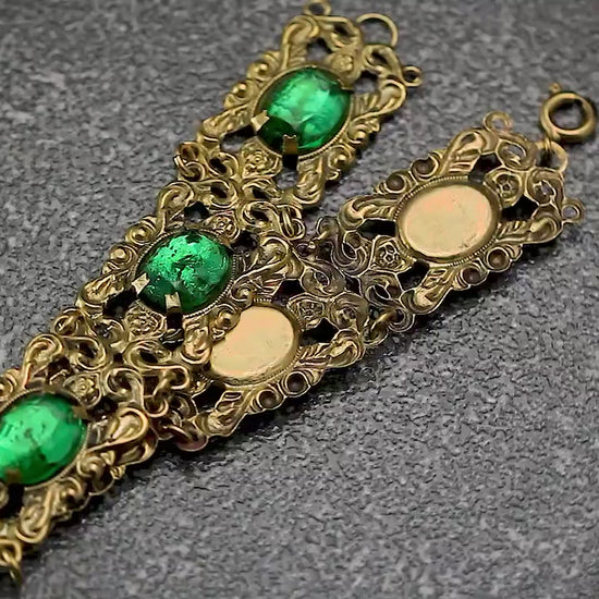 Vintage 1930s Art Deco Czech Filigree Panel Bracelet, Emerald Green Glass Rhinestones, Gold Plated Brass, Gold Tone Unique Gift Jewelry