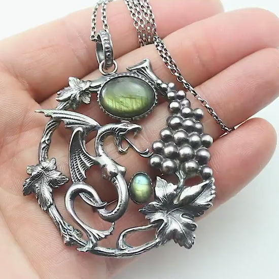Art Deco Vintage style Dragon Pendant Necklace, Antique Silver Plated, Gold Green Blue Labradorite, Sterling Silver Chain, Unique Gift