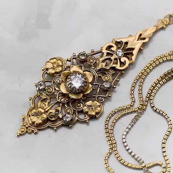 Vintage Antique Art Deco 1915-1930 Floral, Unique Ornate Necklace Pendant, Rhinestones and Cubic Zirconia, Repurposed One, 24K Gold Plated