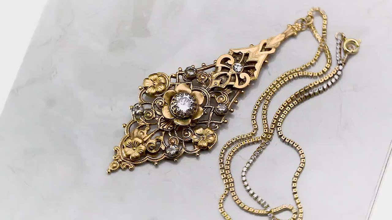 Vintage Antique Art Deco 1915-1930 Floral, Unique Ornate Necklace Pendant, Rhinestones and Cubic Zirconia, Repurposed One, 24K Gold Plated