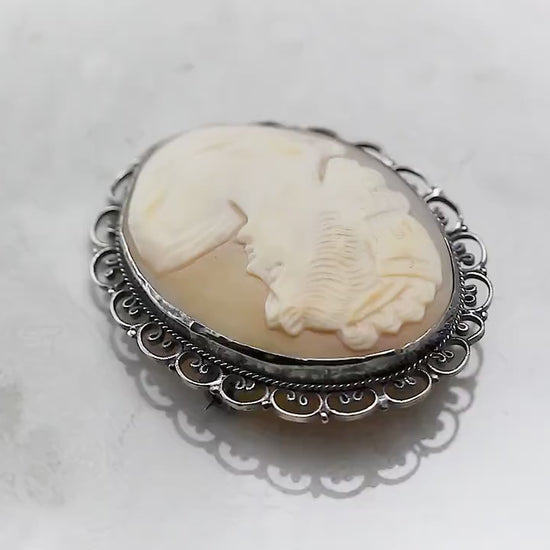 Vintage Art Deco c1930-40s, Hand Carved Shell Cameo Brooch Pin, Ornate Filigree Silver Plated, Unique Gift Jewelry Jewellery