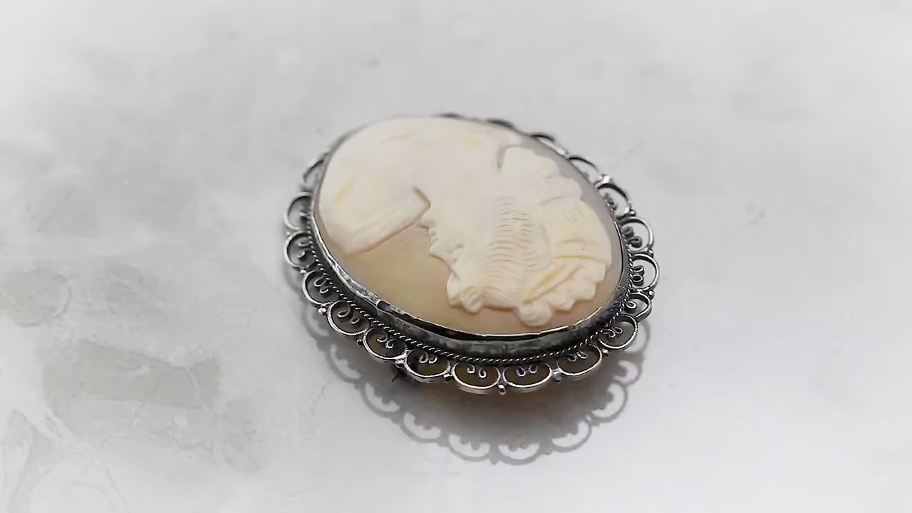 Vintage Art Deco c1930-40s, Hand Carved Shell Cameo Brooch Pin, Ornate Filigree Silver Plated, Unique Gift Jewelry Jewellery